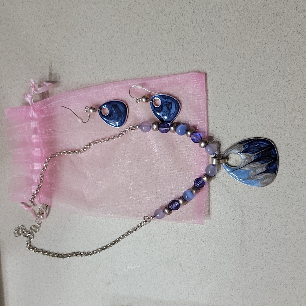 Blue necklace with earrings , women